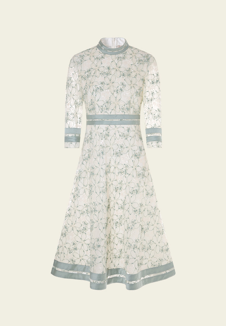 Stand-collar Stripe-detail Embroidery-detail Mesh Dress
