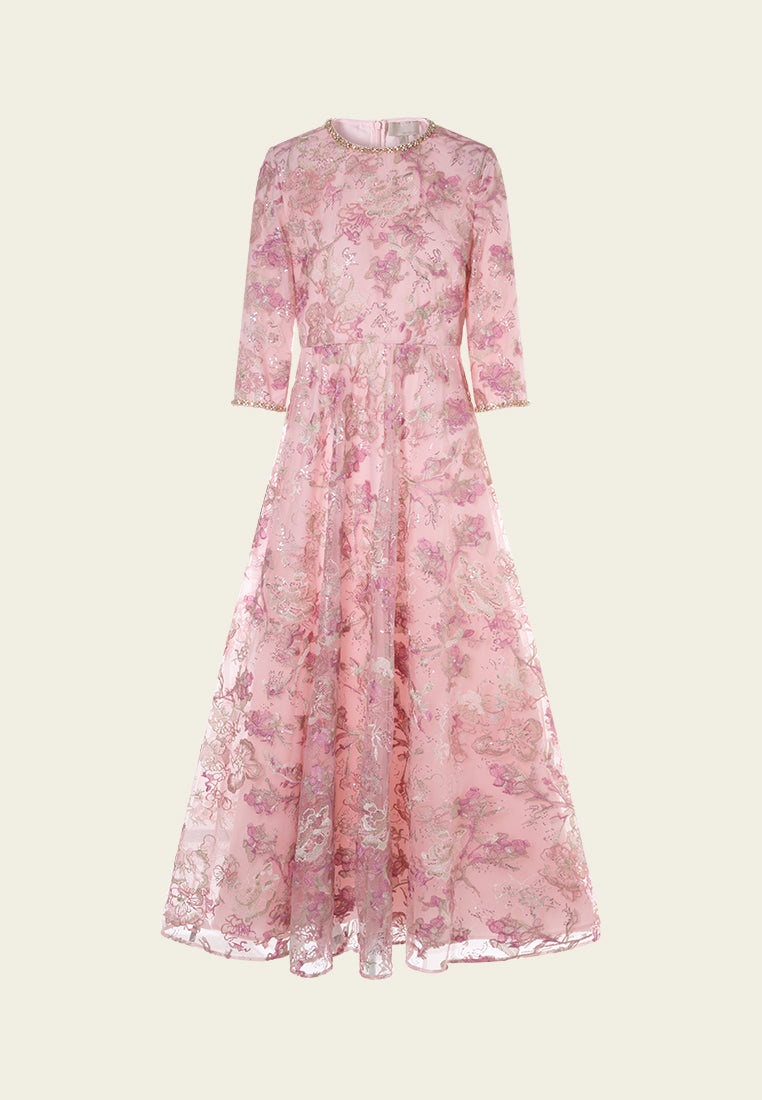 Floral-embroidery Embellished Maxi Mesh Dress