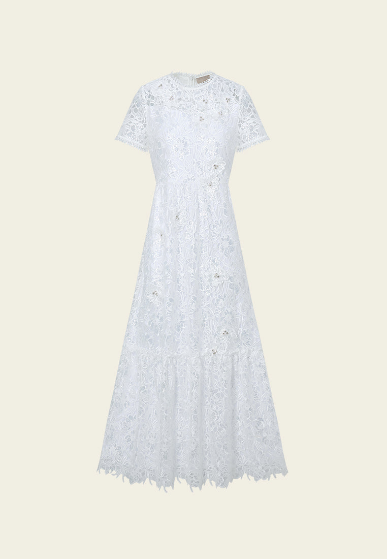 Embellished Pop-up Detail Hollow-carved Lace Dress