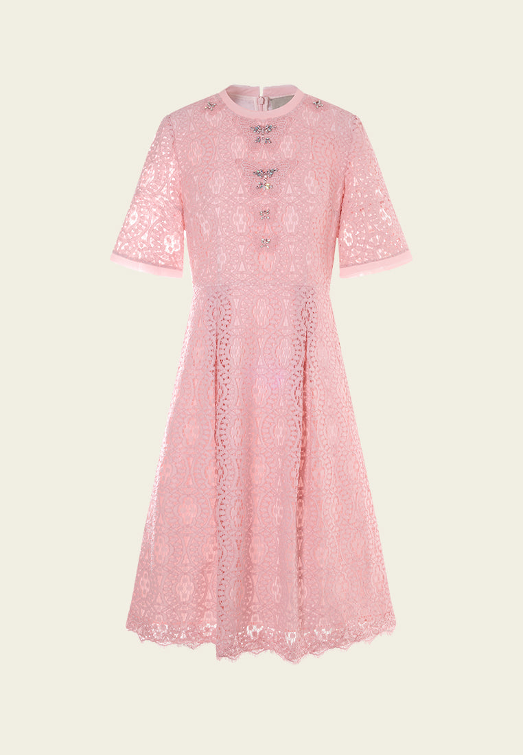 Pop-up Effect Crystal-embellished Hollow-carved Lace Dress