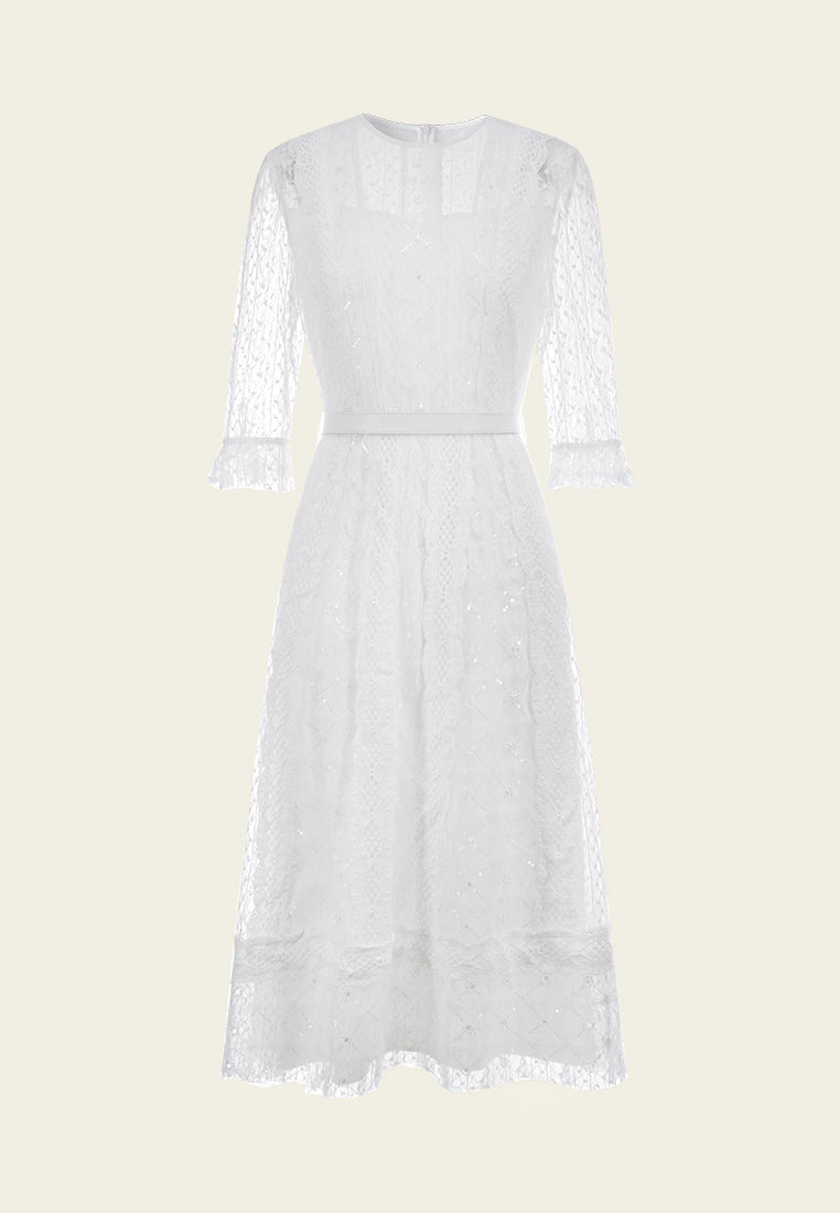 White Mid Sleeves Lace Midi Dress