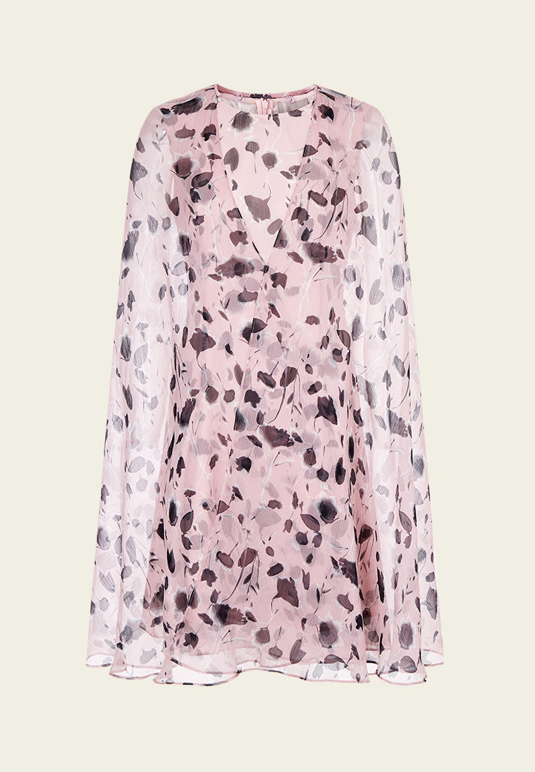 Pink Printed Chiffon Cape Dress