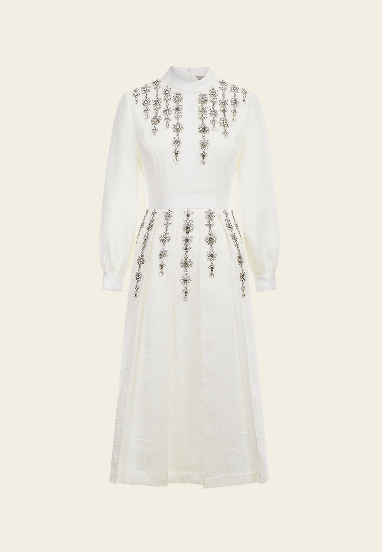 White Rhinestone Long-sleeved Evening Dress