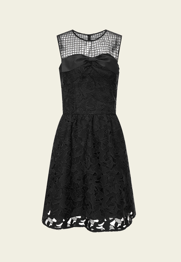 Black Lace Sleeveless Dress with Bow