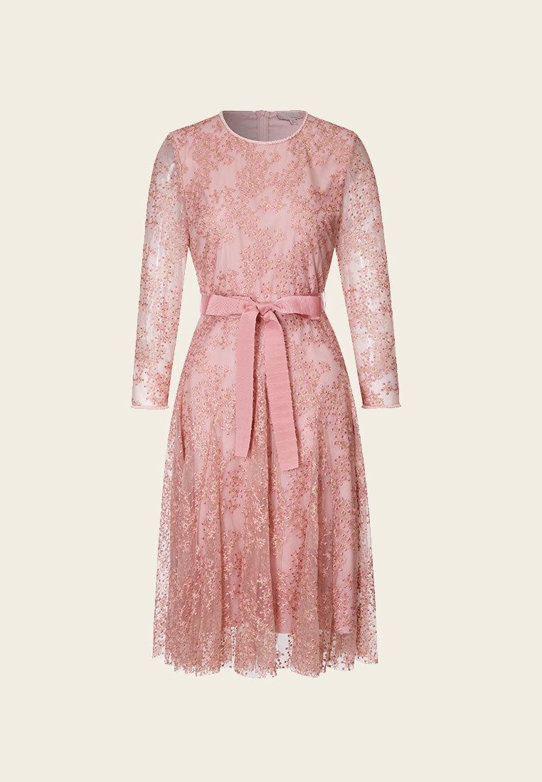 Pink Embroidered Mesh Cocktail Dress