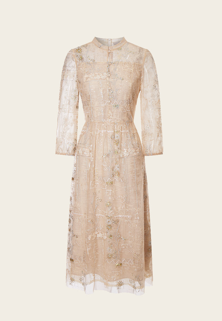Beige Embroidered Sequin-detailing Mesh Dinner Dress