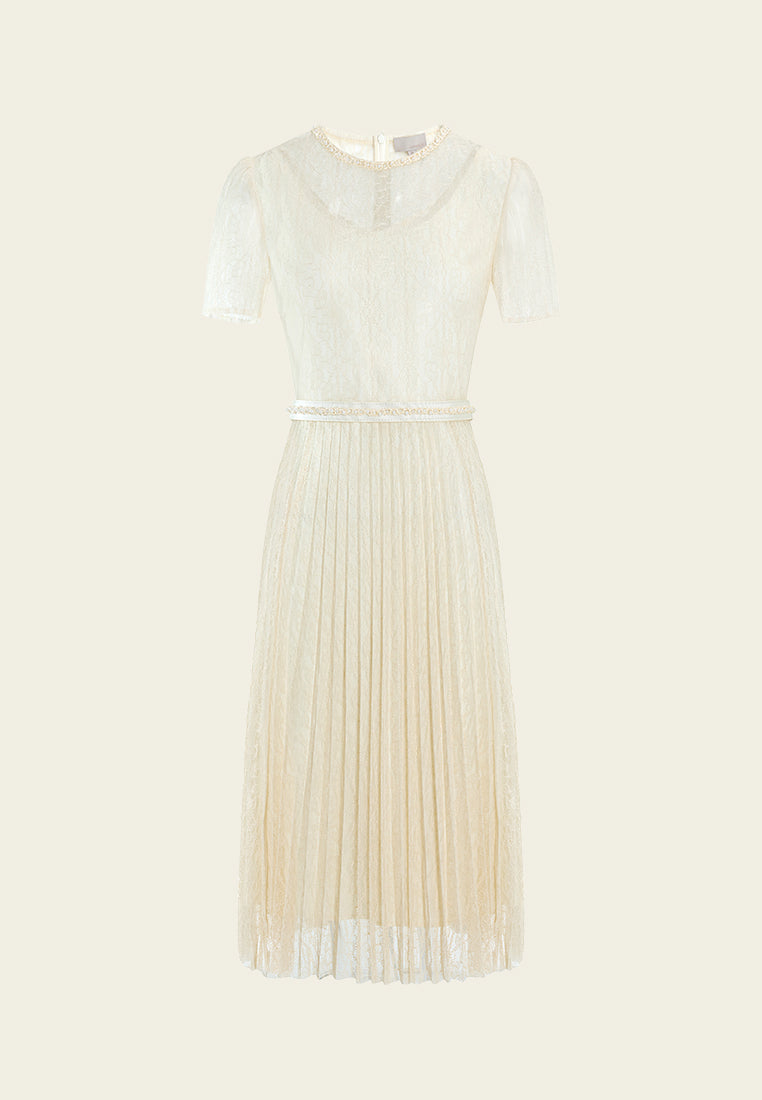 Belted Pleated-detail Lace Dress