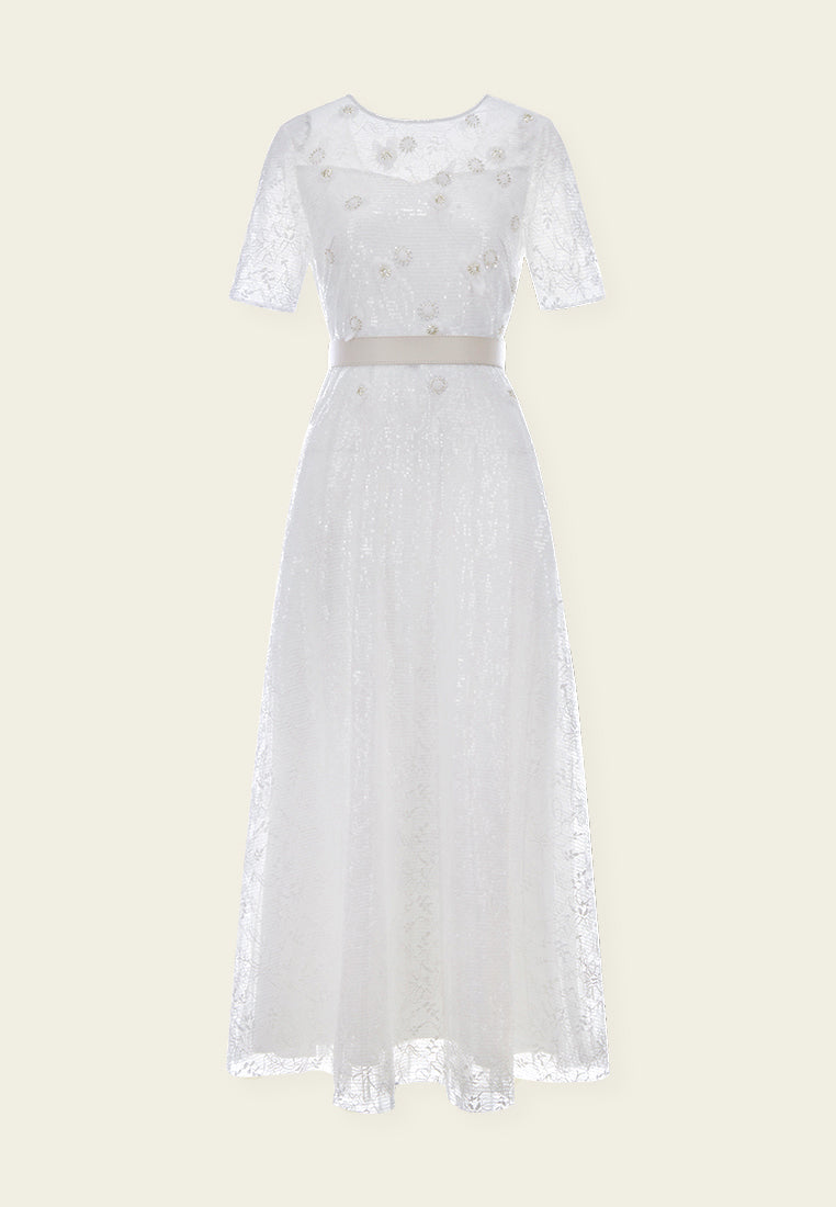 White Embellished Lace Maxi Dress