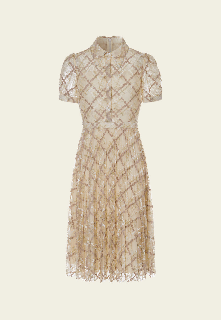 Straight-point Collar Puff-sleeve Checked Mesh Dress