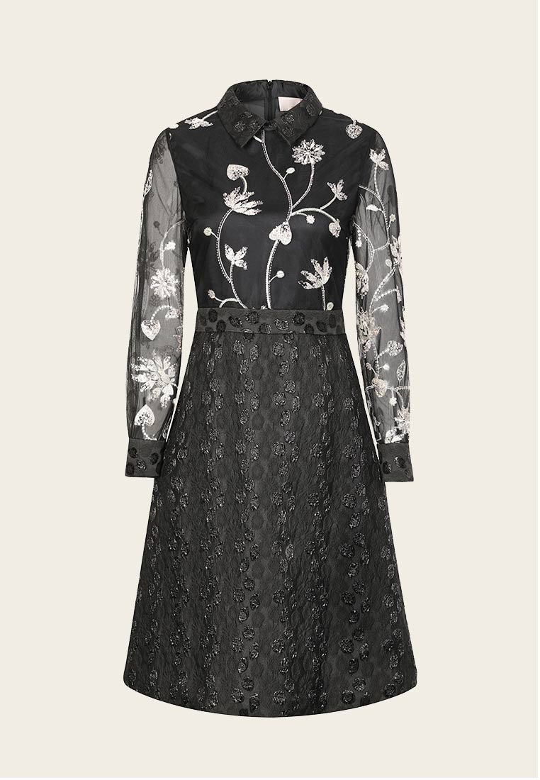 Light Black Collar Jacquard Dinner Dress