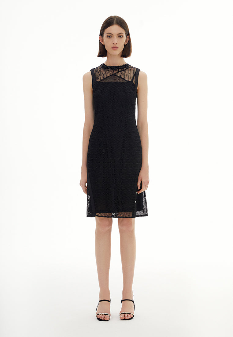Patched Mesh And Lace Bead Detail Cocktail Dress