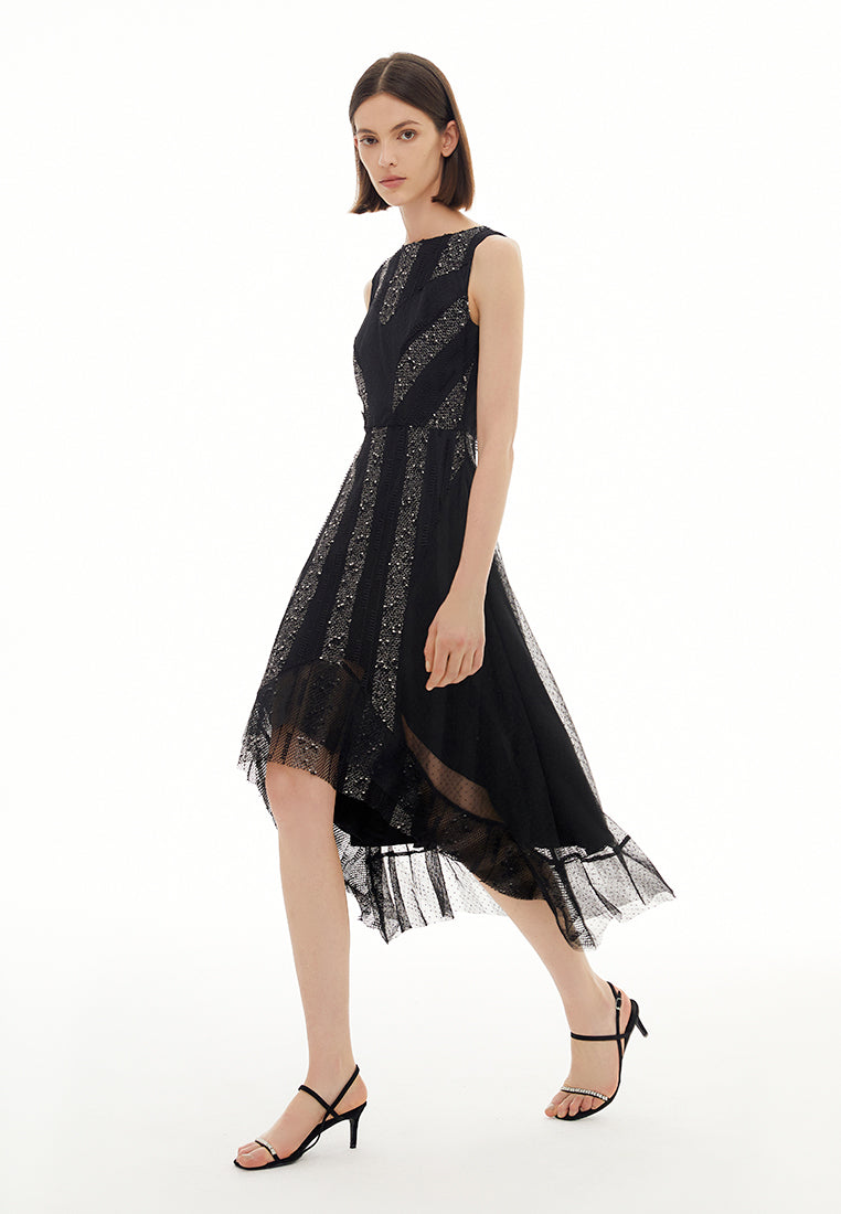 Black Sequins Stripe Detail Lace Sleeveless Cocktail Dress
