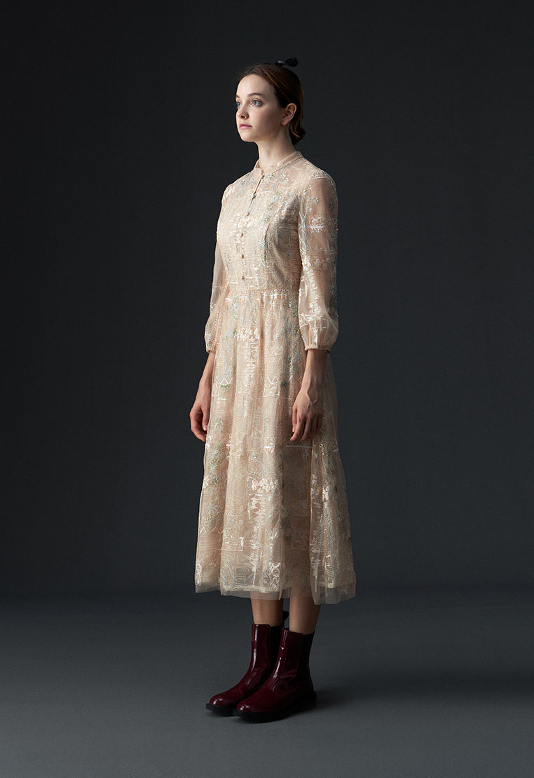 Beige Embroidered Sequin-detailing Mesh Dinner Dress
