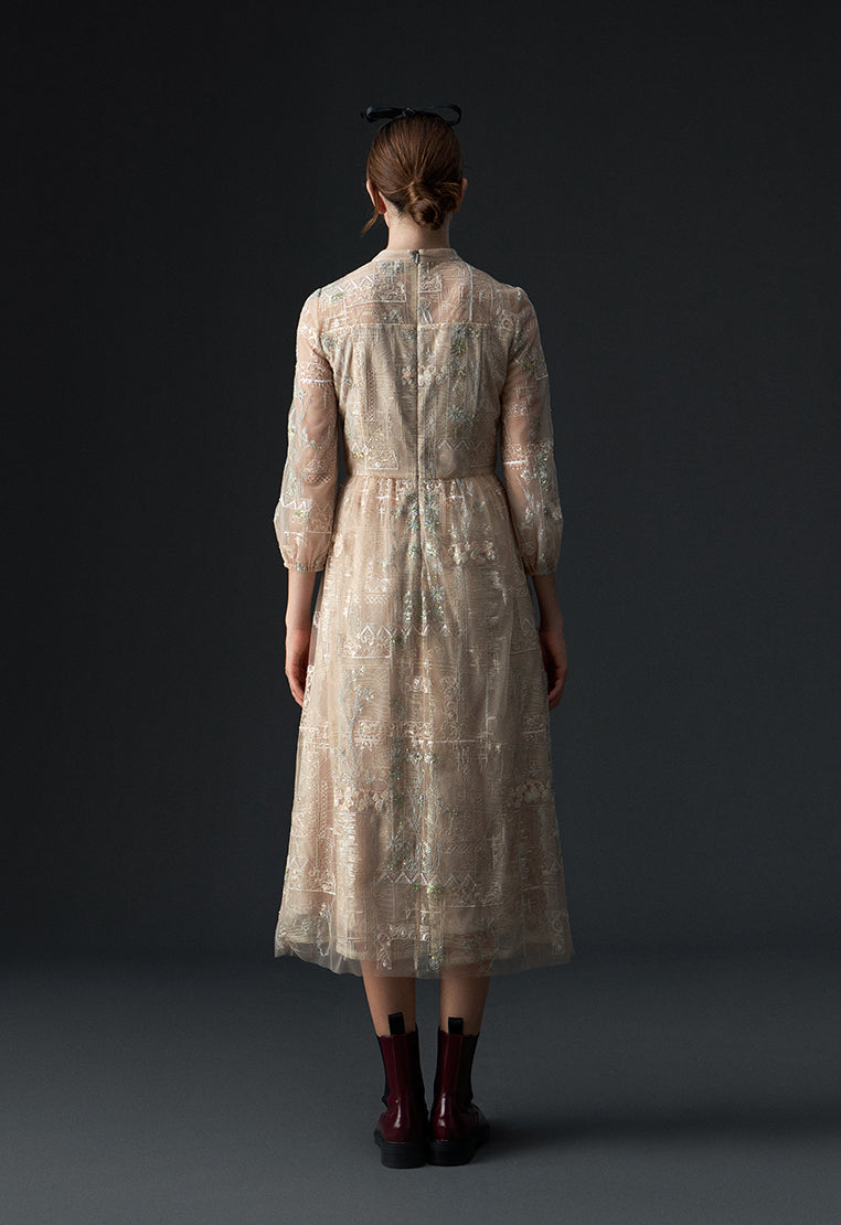 Beige Embroidered Sequin-detailing Mesh Dinner Dress