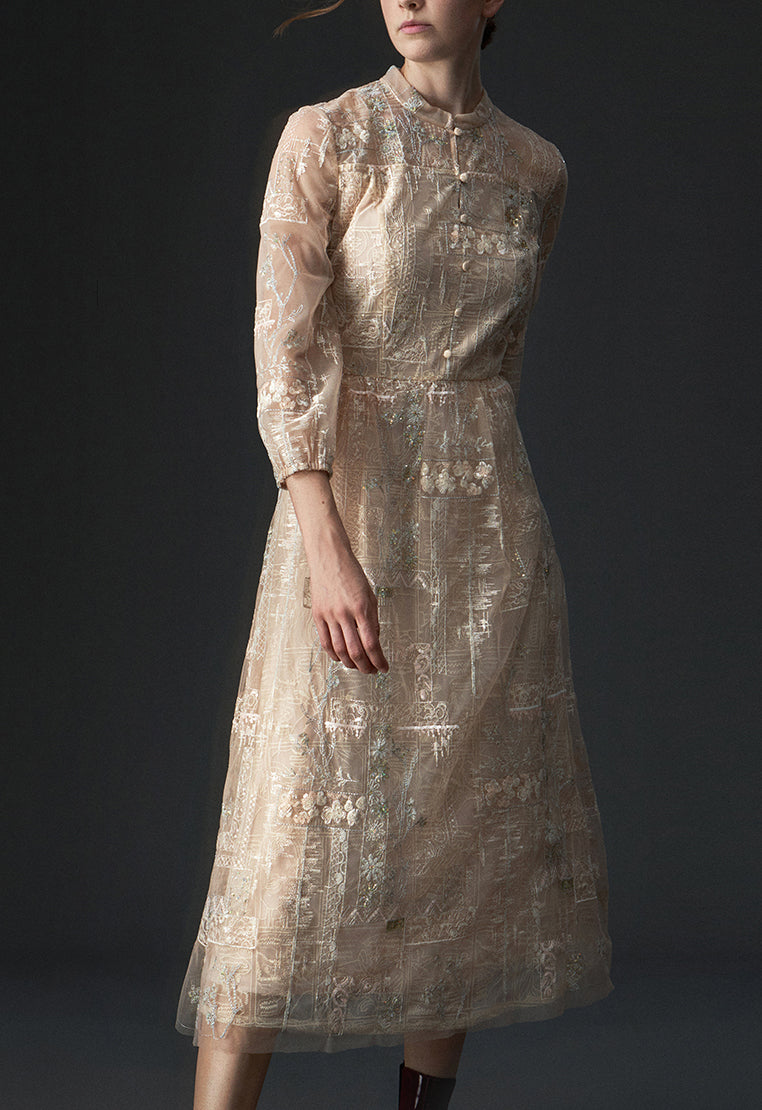Beige Embroidered Sequin-detailing Mesh Dinner Dress