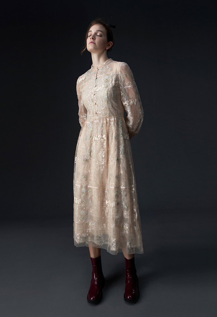 Beige Embroidered Sequin-detailing Mesh Dinner Dress