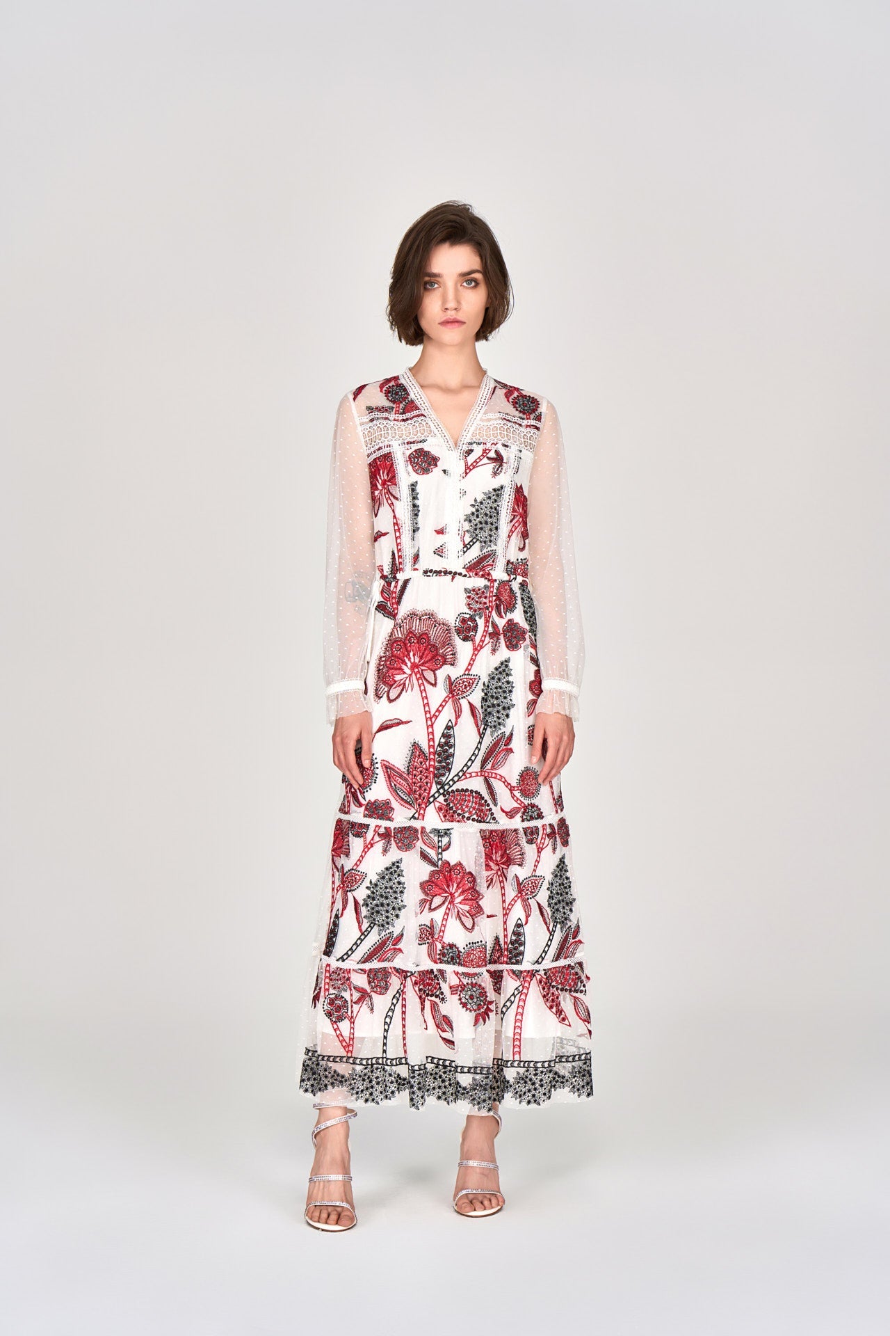 White Embroidered Tie-waist Maxi Dress