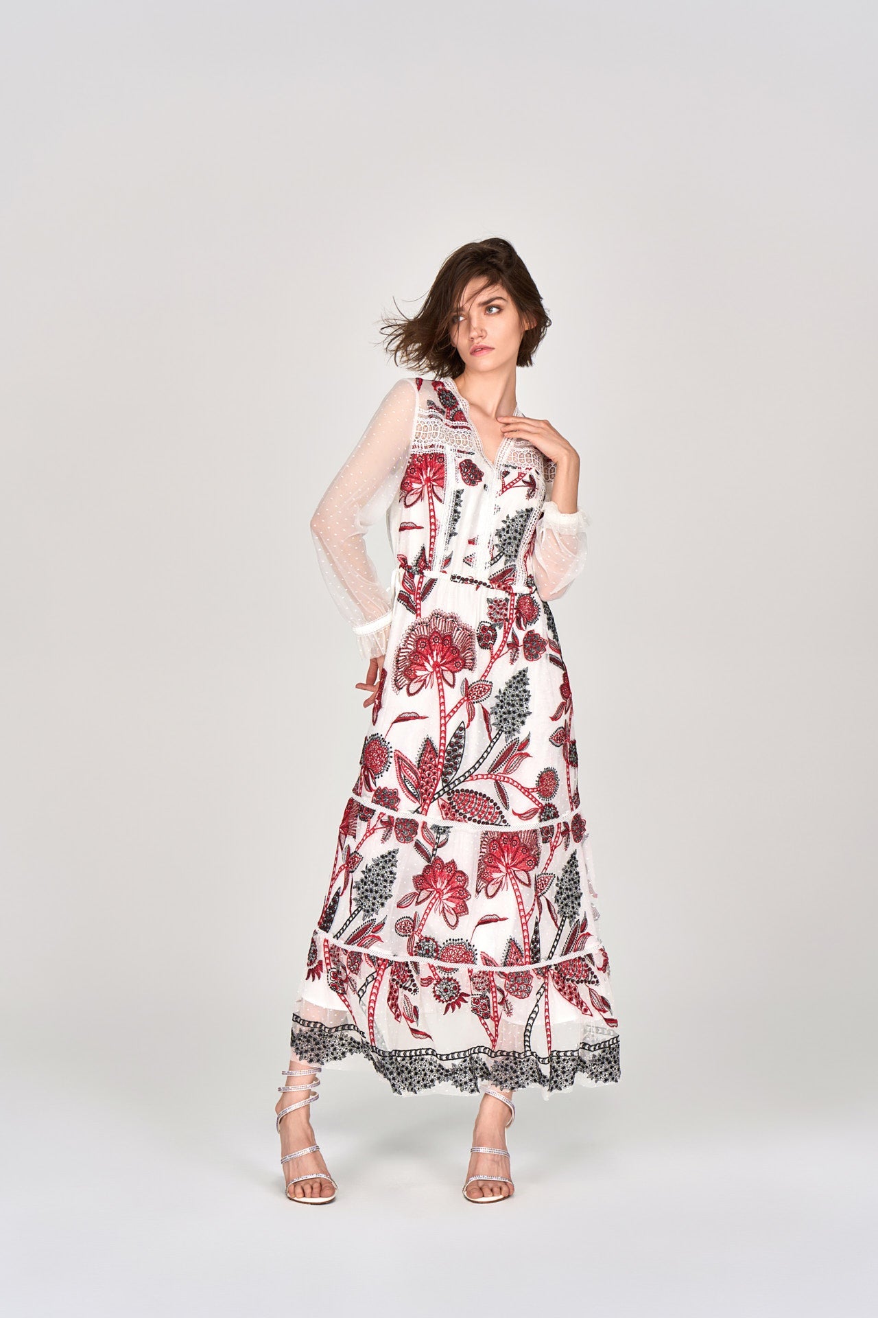 White Embroidered Tie-waist Maxi Dress
