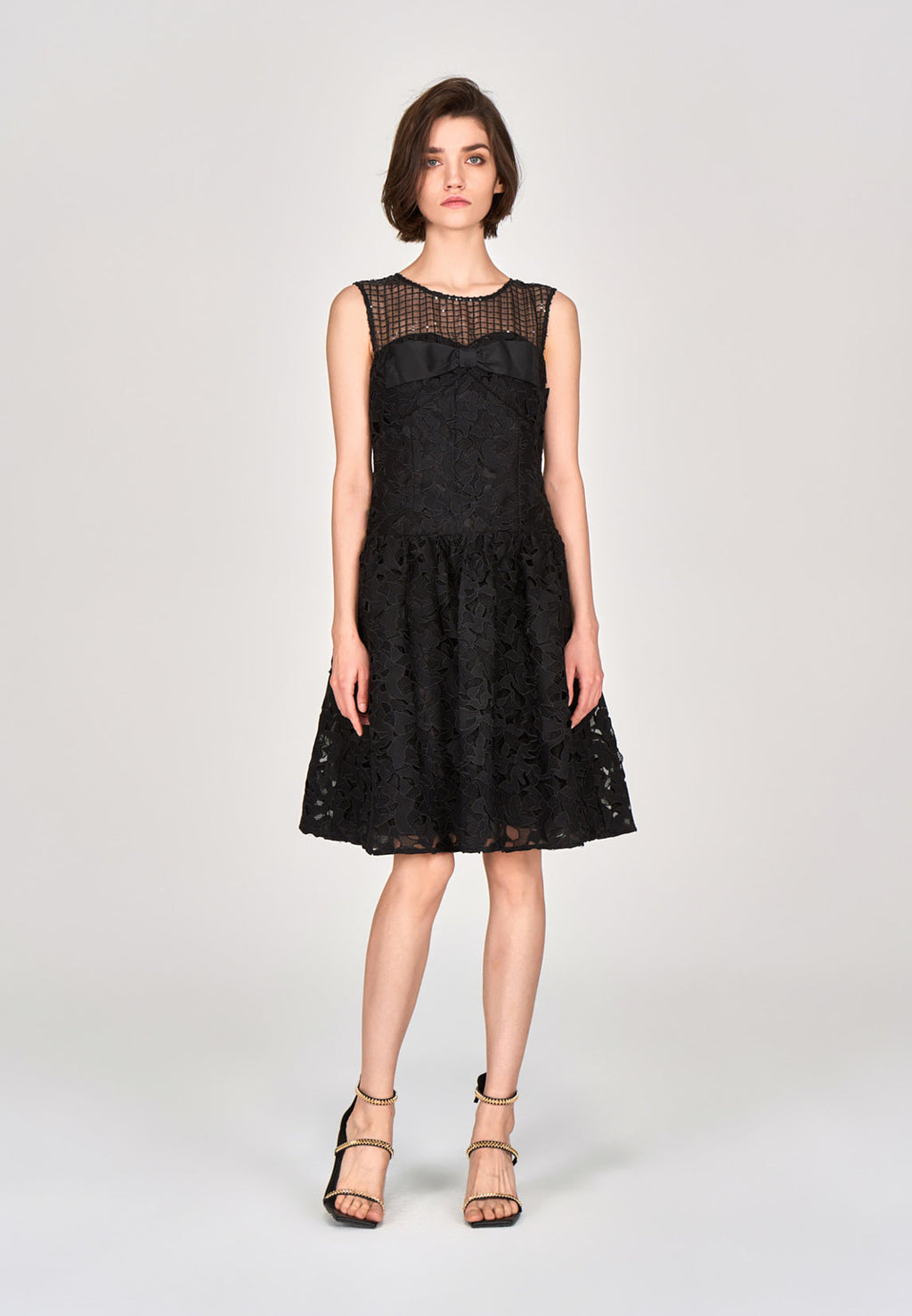 Black Lace Sleeveless Dress with Bow