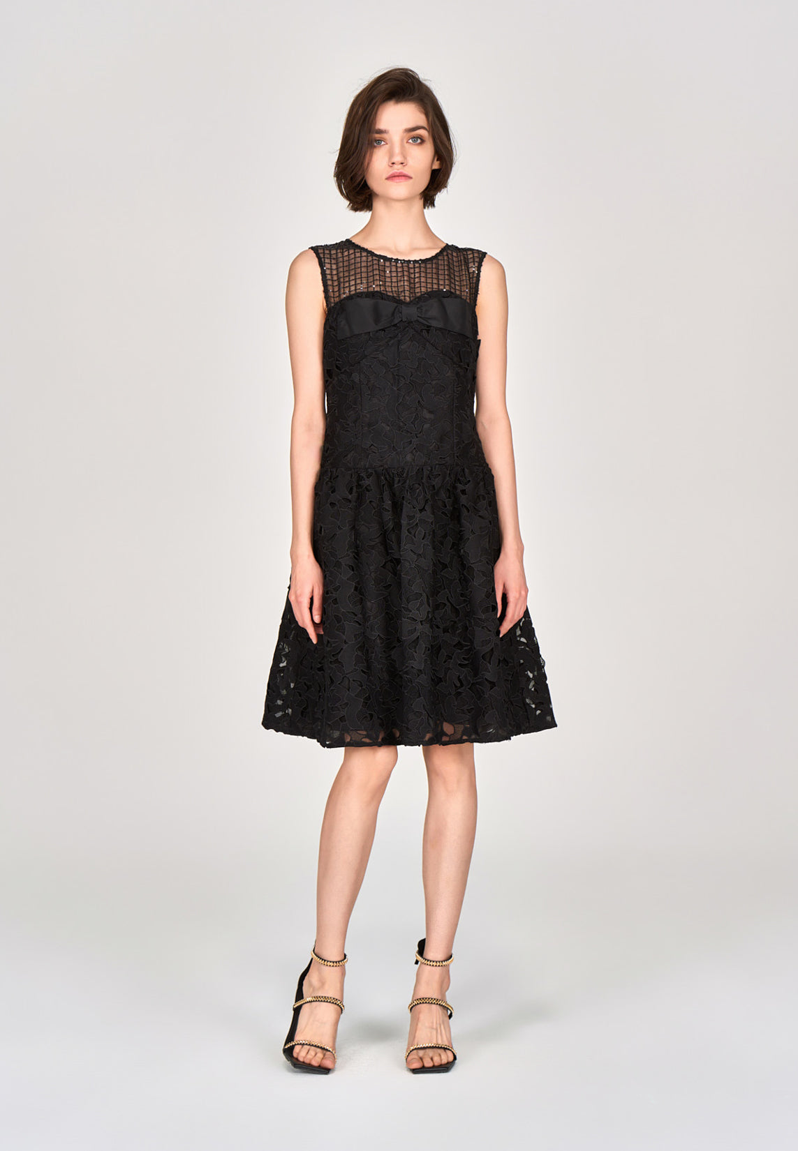 Black Lace Sleeveless Dress with Bow