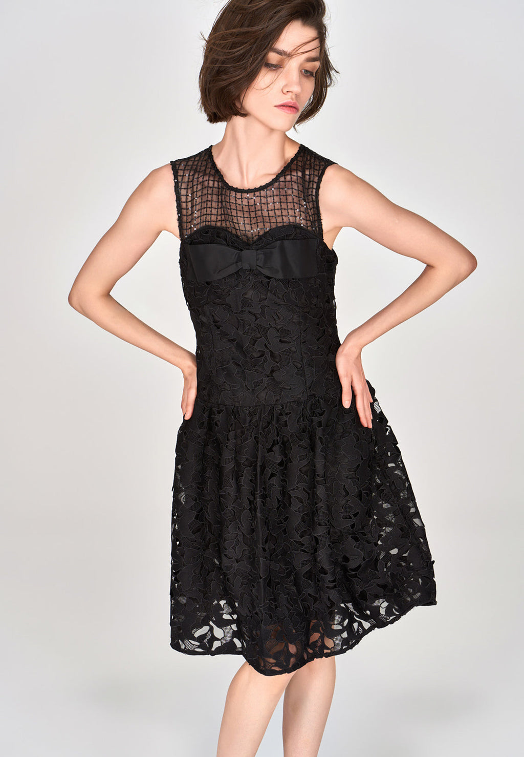 Black Lace Sleeveless Dress with Bow