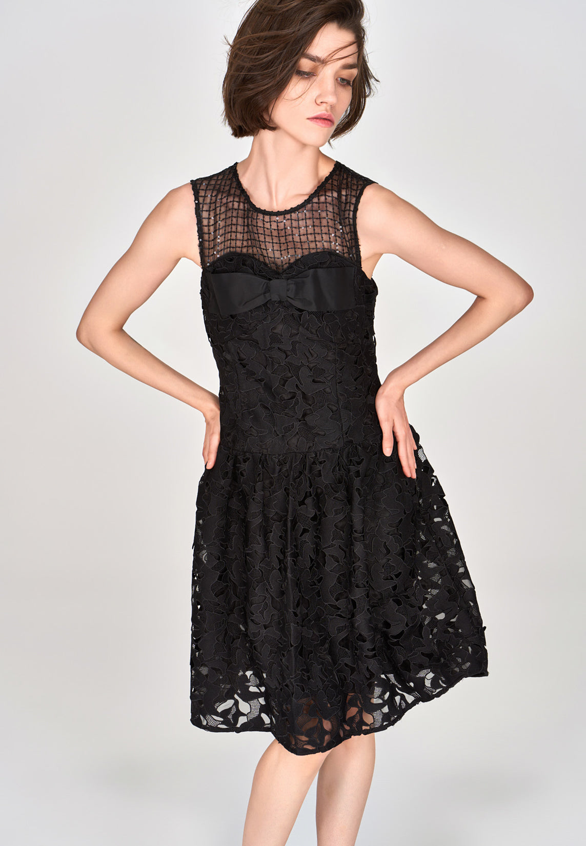 Black Lace Sleeveless Dress with Bow