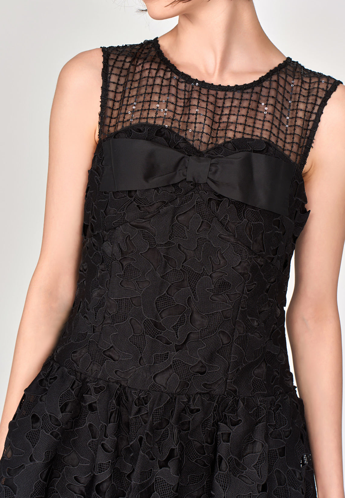 Black Lace Sleeveless Dress with Bow
