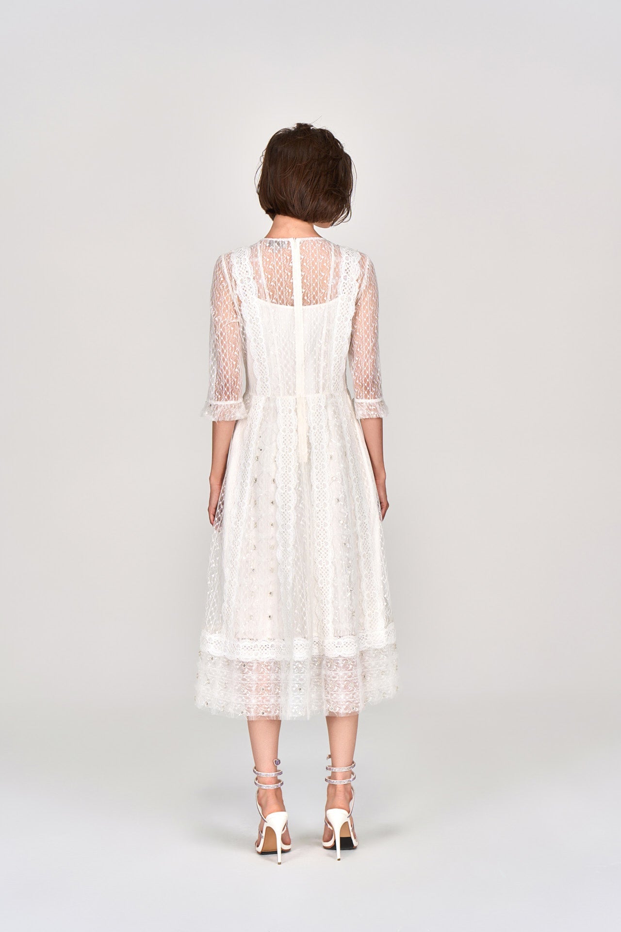 White Mid Sleeves Lace Midi Dress