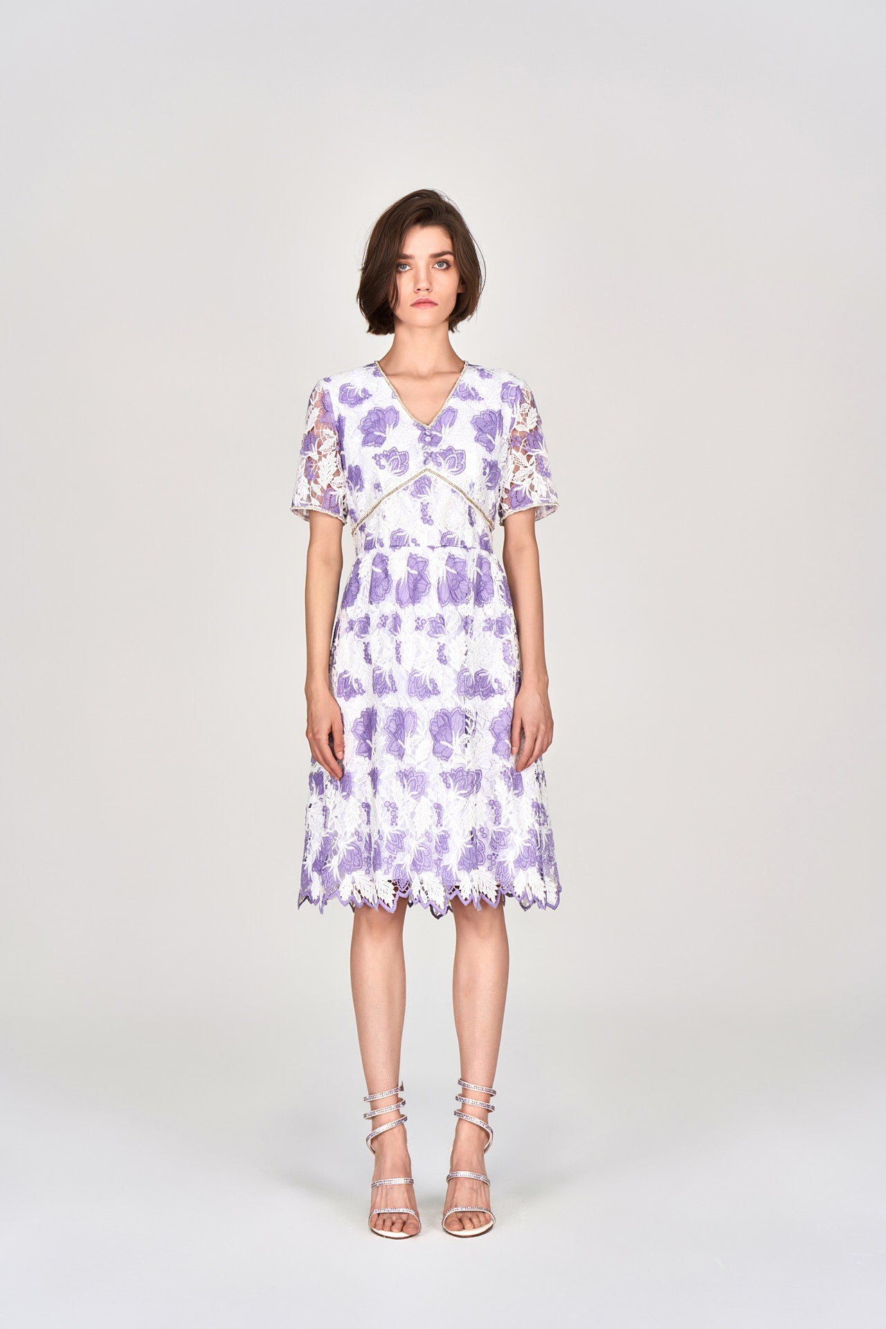 Purple V-neck Lace Midi Dress