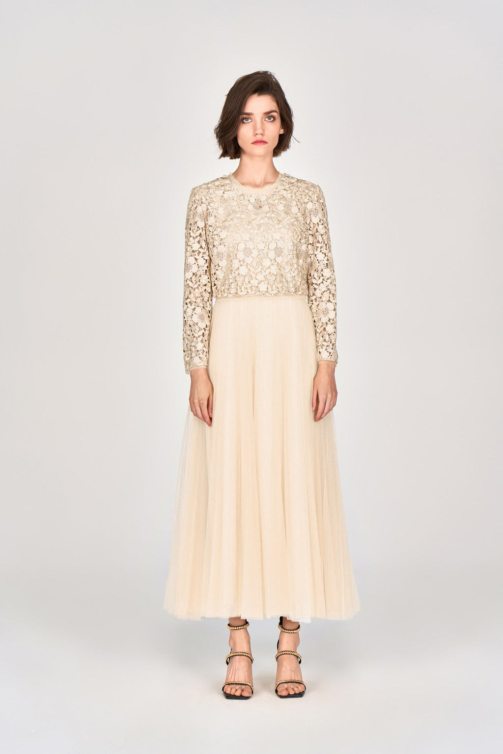 Beige Lace & Mesh Two-pieces Gown