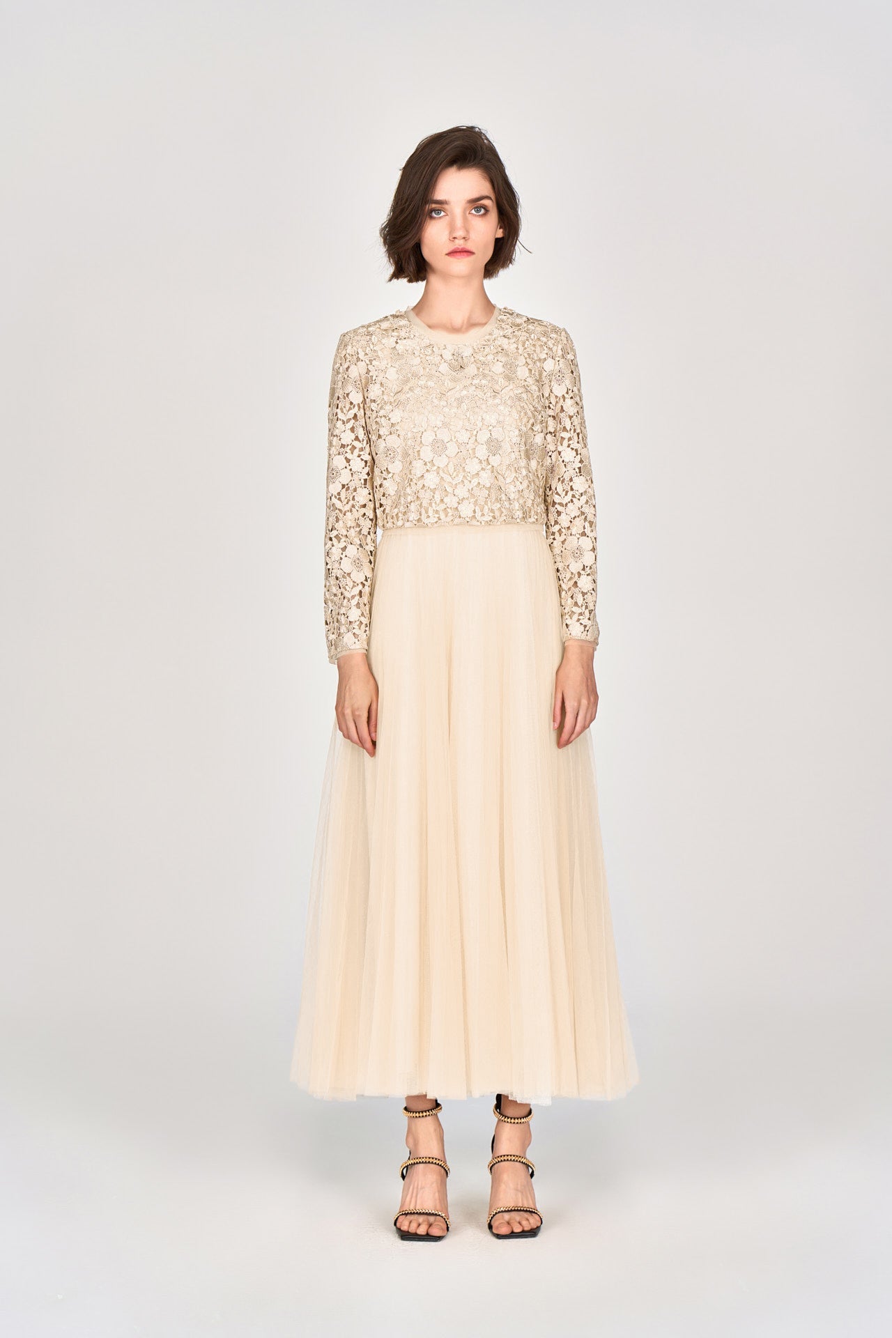 Beige Lace & Mesh Two-pieces Gown