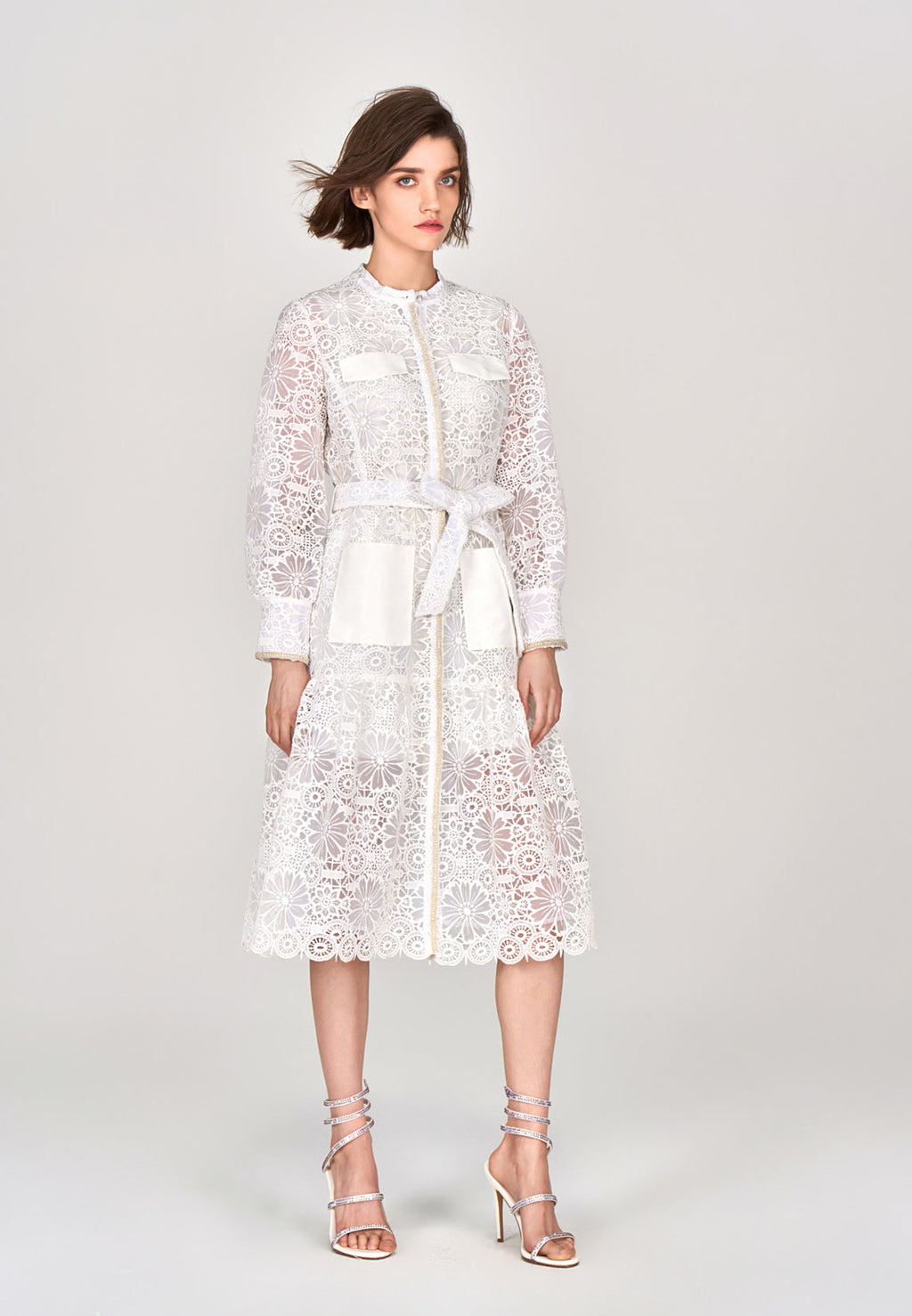 White Lace Stand Collar Tie Waist Dress