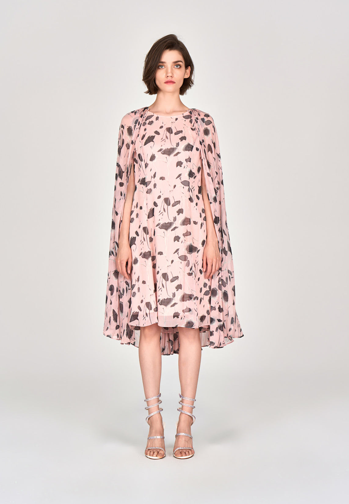 Pink Printed Chiffon Cape Dress