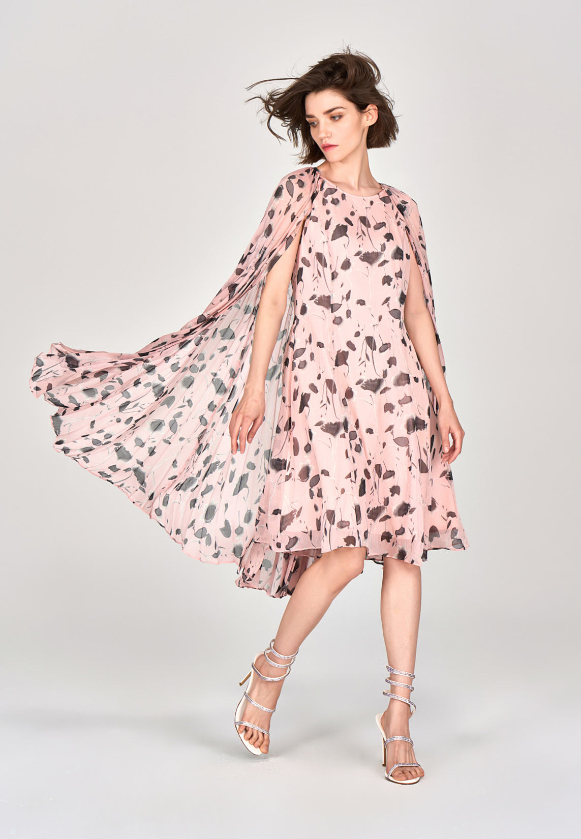 Pink Printed Chiffon Cape Dress