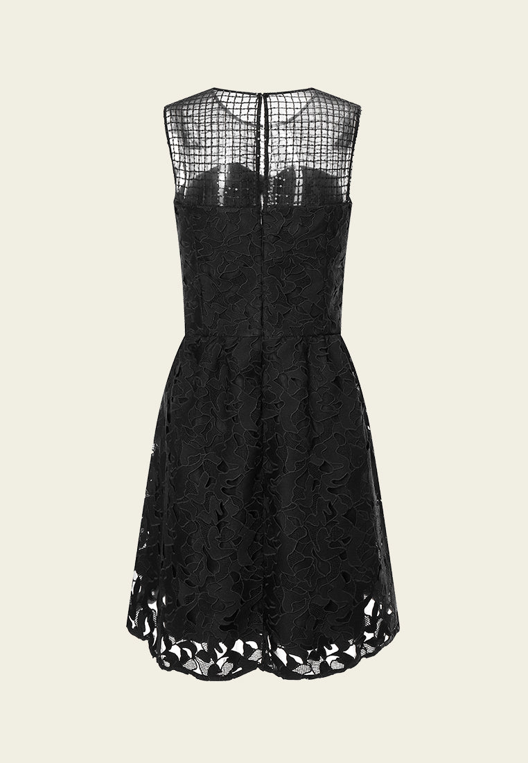 Black Lace Sleeveless Dress with Bow
