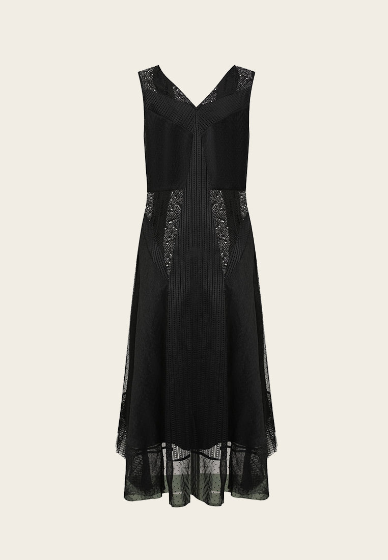 Black Sequins Stripe Detail Lace Sleeveless Cocktail Dress