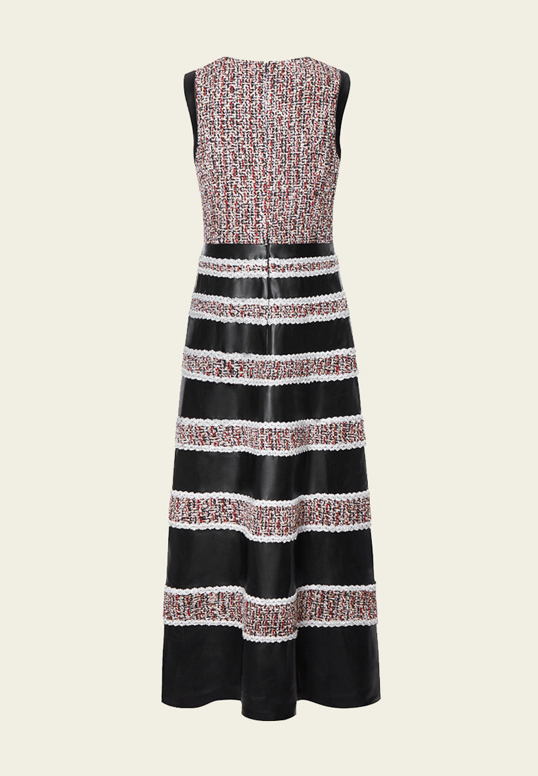 Tweed-Leather Striped Sleeveless Maxi Dress