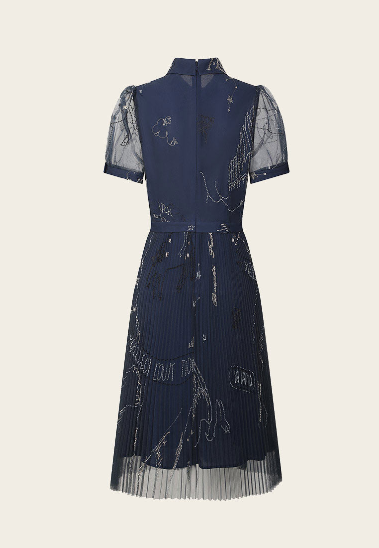 Layered Dark Blue Embroidered Organza Cocktail Dress