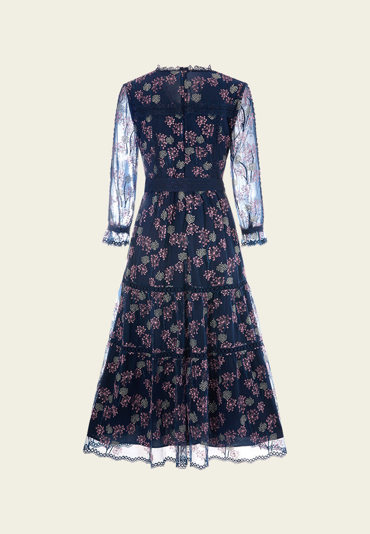 Dandelion-pattern Puff-sleeve Lace-trim Tie-belt Mesh Dress