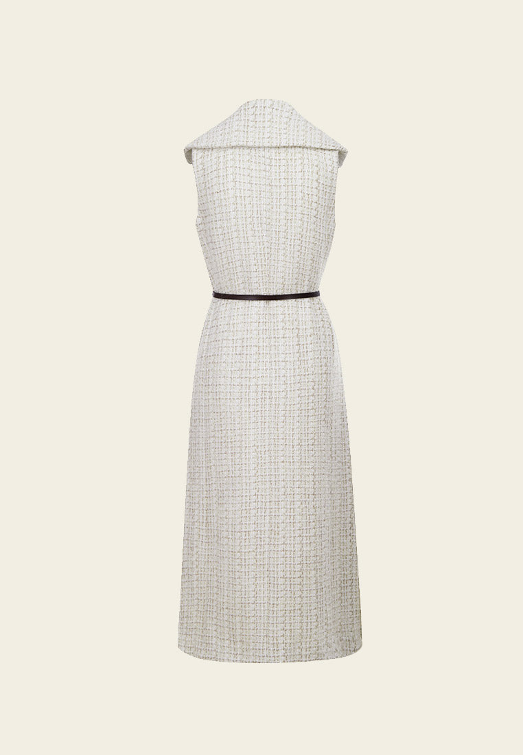 White Sleeveless Lapel Tweed Dress with Belt