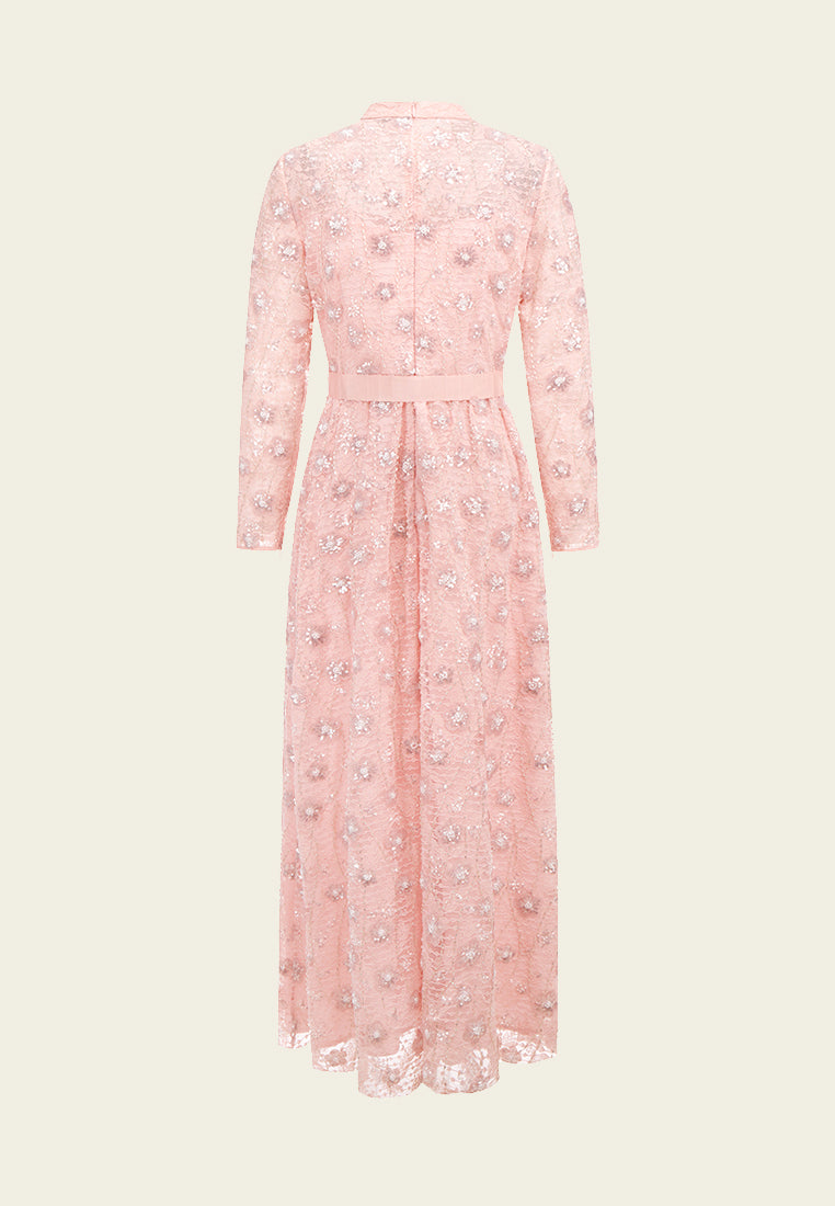Pink Embroidered Lace Long-sleeved Dinner Dress