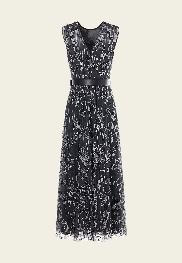 Black Floral Mesh Sleeveless Dress with Belt