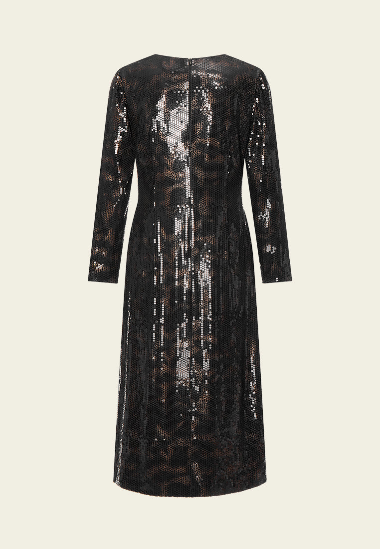 Black V-neck Sequin Long-sleeved Dress