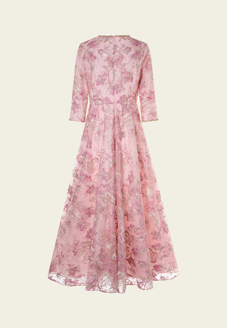 Floral-embroidery Embellished Maxi Mesh Dress