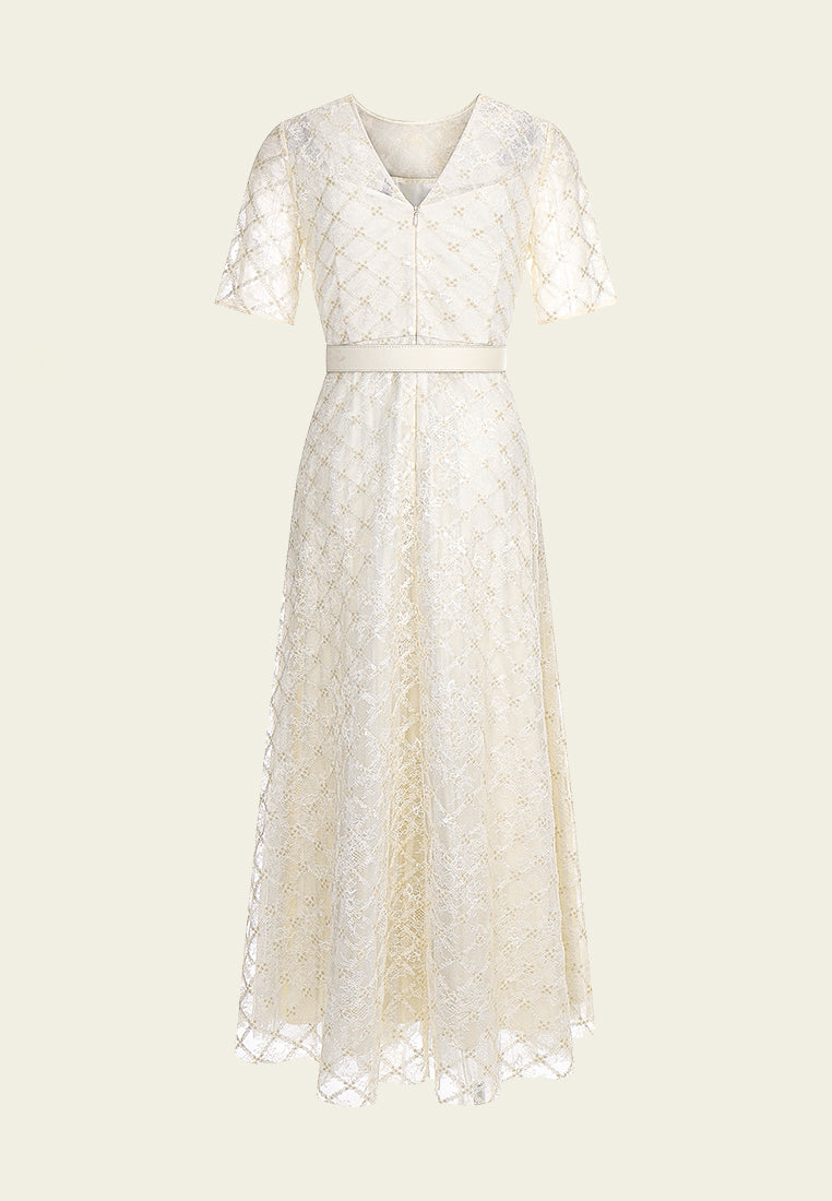 Beige Lace Evening Dress with Belt
