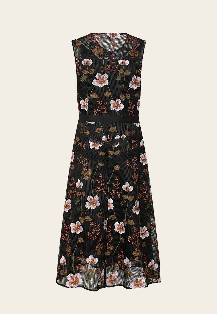 Floral Embroidered Sleeveless Cocktail Midi Dress