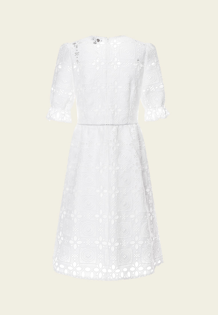 Puff Sleeves White Lace Dress