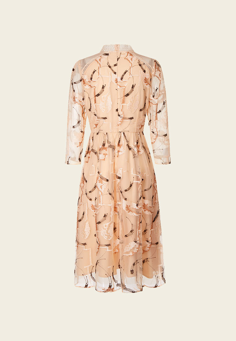 Beige Embroidered Long-sleeved Cocktail Dress