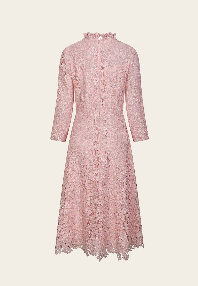 Pink Embellished Floral Lace Evening Dress