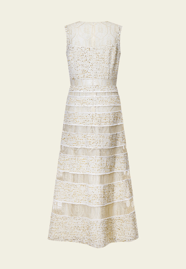 Tweed-Lace Striped Sleeveless Maxi Dress